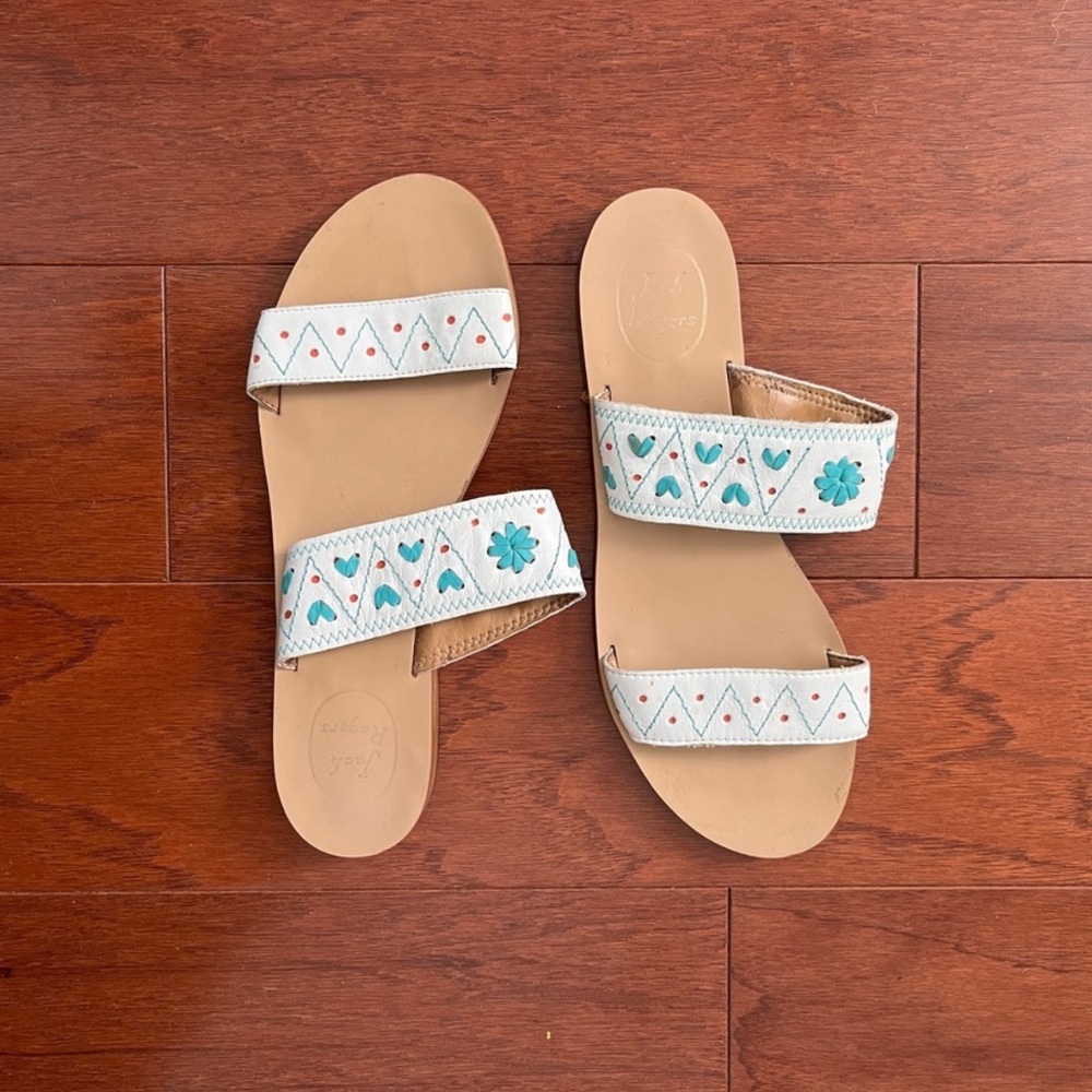 Jack Rogers Lenora Double Strap Blue White Embroidered Sandal